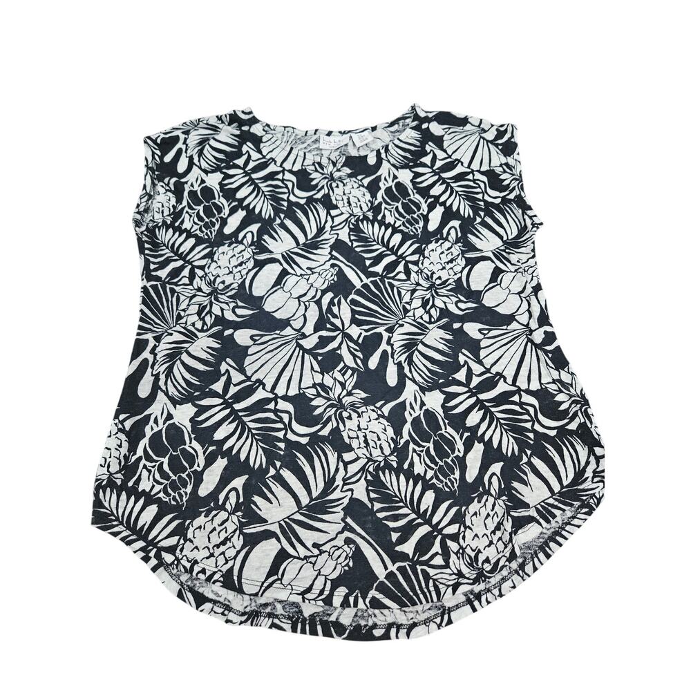 Nicole Miller New York 100% Linen Top M Black White Tropical Pineapple Floral